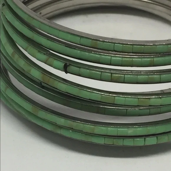 Stack Of 10 Bangles Bracelets Inlaid She’ll Handmade Turquoise - Picture 5 of 14